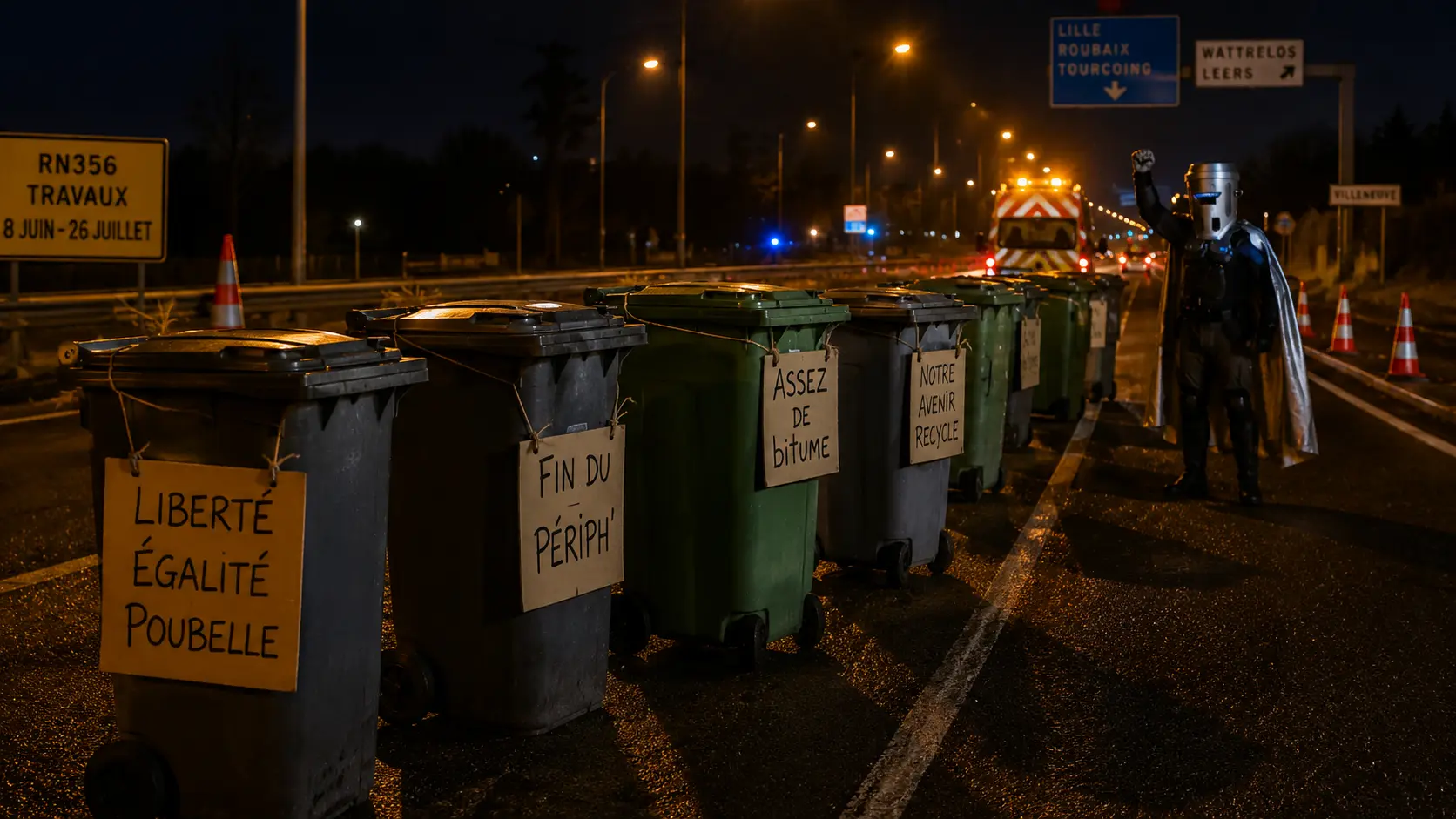Fictional nighttime scene showing Count Binface supporting a protest of wheelie bins on Lille's RN356 ring road during roadworks, with traffic cones and road signs in the background.