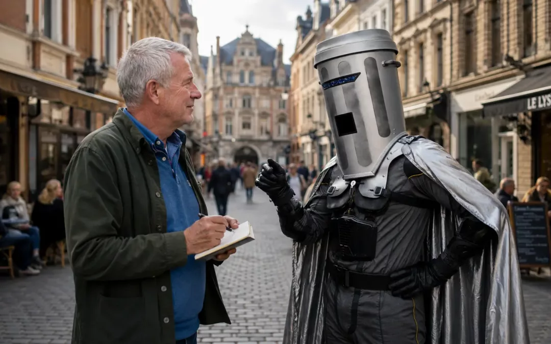Count Binface meets British journalist Andy in Vieux Lille, imagining a satirical mayoral campaign in the historic centre of Lille.