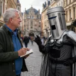 Count Binface meets British journalist Andy in Vieux Lille, imagining a satirical mayoral campaign in the historic centre of Lille.