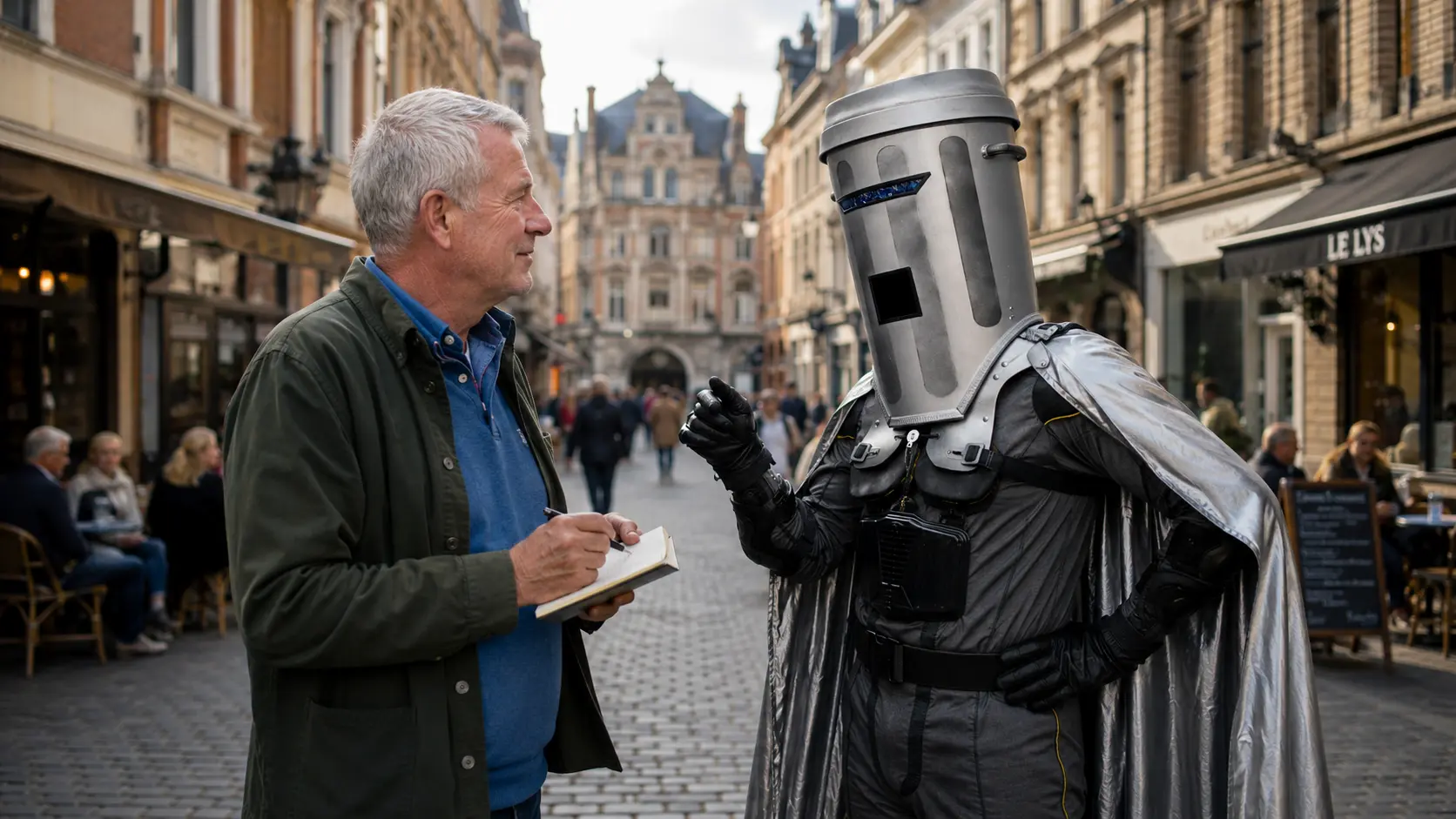 Count Binface visits Lille and meets British journalist Andy Count Binface meets British journalist Andy in Vieux Lille, imagining a satirical mayoral campaign in the historic centre of Lille.