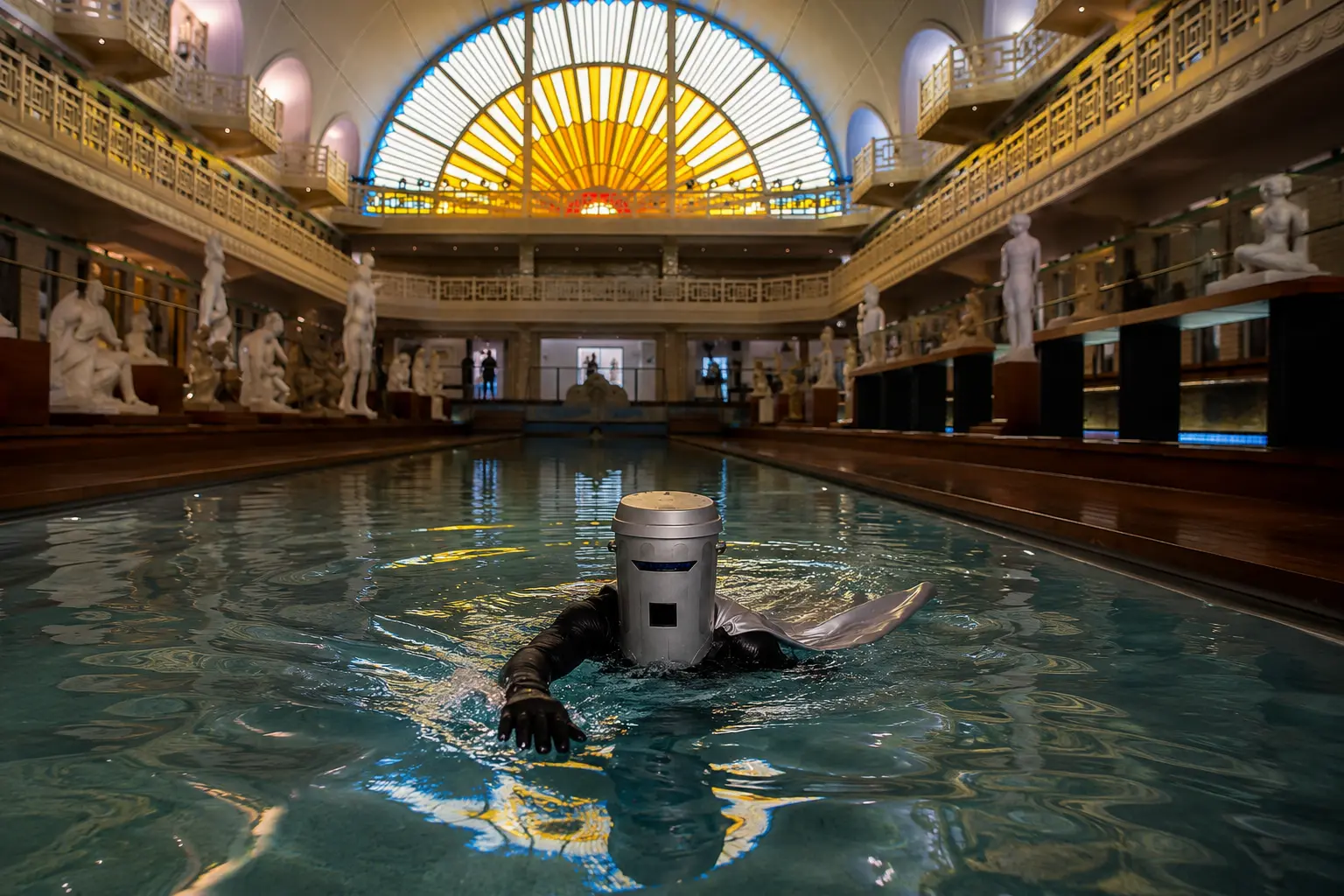 Count Binface swimming in the former Art Deco pool at La Piscine Museum in Roubaix as part of a fictional satirical manifesto.