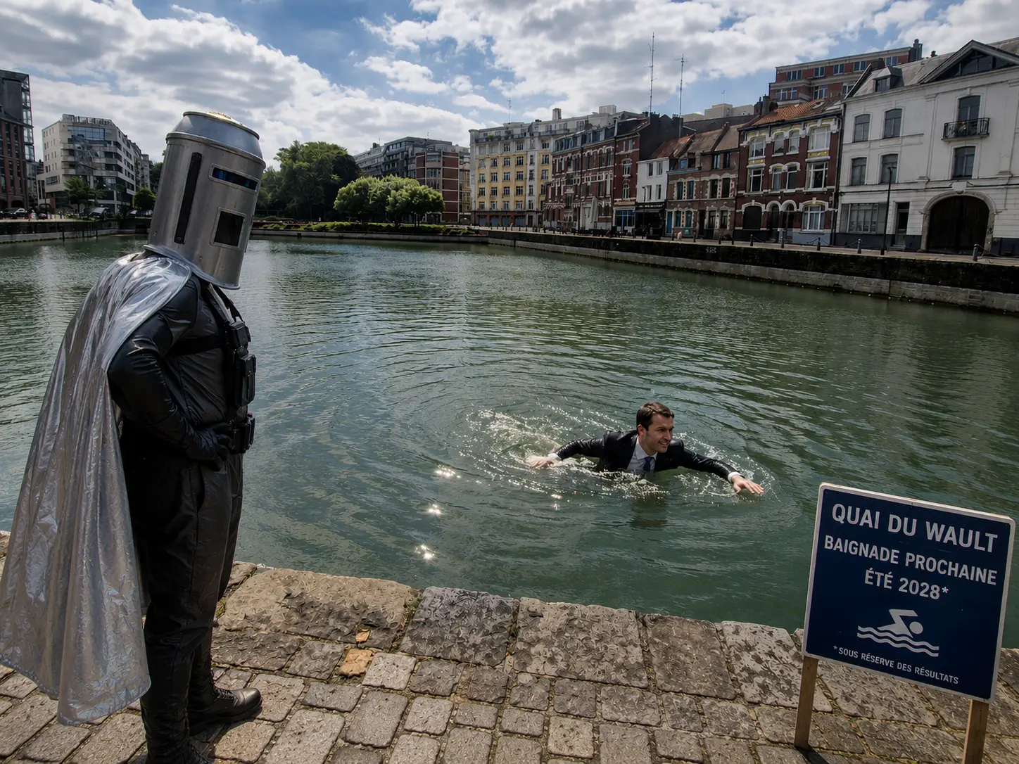 Count bin fae supervising the mayor for his first swim in the river Deule 