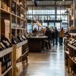 Interior of a large Calais wine shop with rows of French wines, a tasting bar and a busy Saturday atmosphere