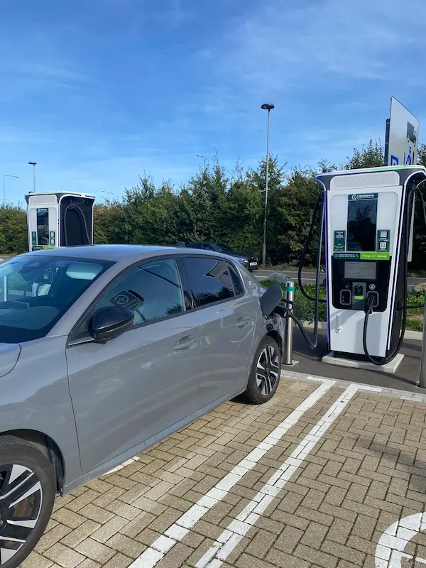 Electric car on a Gridserve rapid charger in Kent, a charging stop on the drive home from Calais
