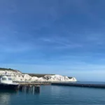 The white cliffs of Dover seen from the port at the start of a day trip to Calais