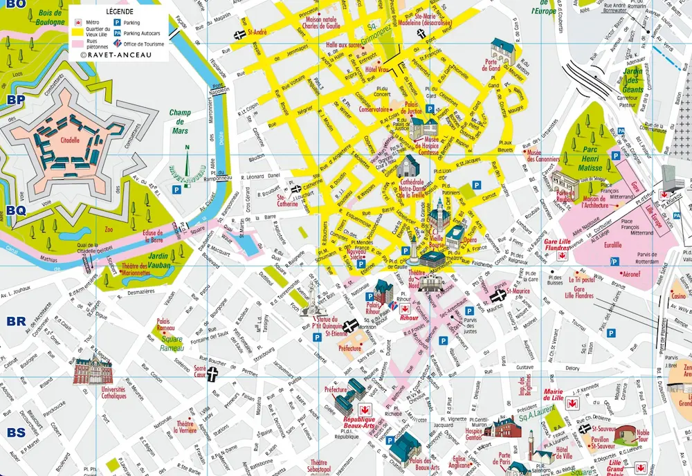 Map of Lille city centre, showing the old lille in yellow and the pedestrian area in pink