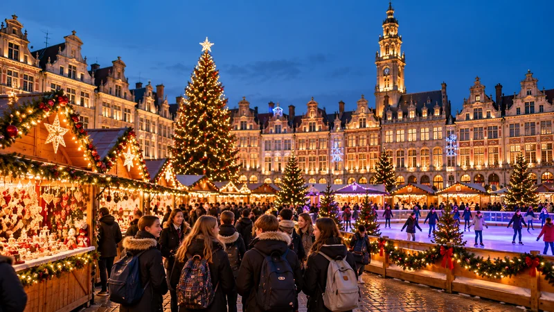 Arras Christmas market on the Grand'Place with illuminated Flemish Baroque façades, festive wooden chalets and an ice rink.