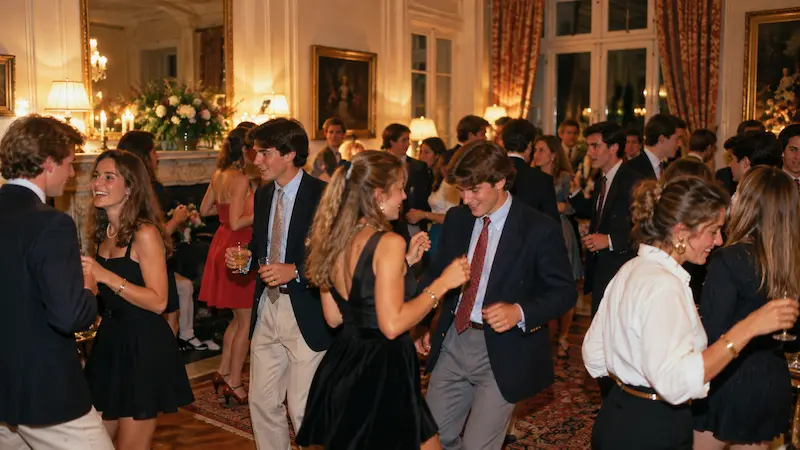 Recreated 1980s society dance in Northern France, with elegantly dressed young people dancing and socialising at a private party.
