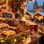 Filled waffles, traditional gingerbread, glass Christmas baubles and steaming mulled wine on the warmly lit counter of a Christmas market chalet in Lille, Northern France.
