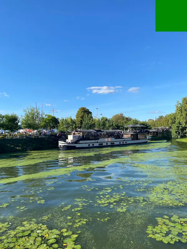 Barges moored along the River Deûle in Lille, surrounded by trees and floating vegetation on a sunny day.
