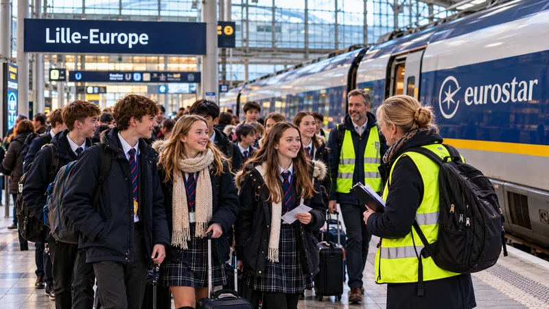 British school students arriving at Lille-Europe station by Eurostar with teachers supervising their school trip to France.