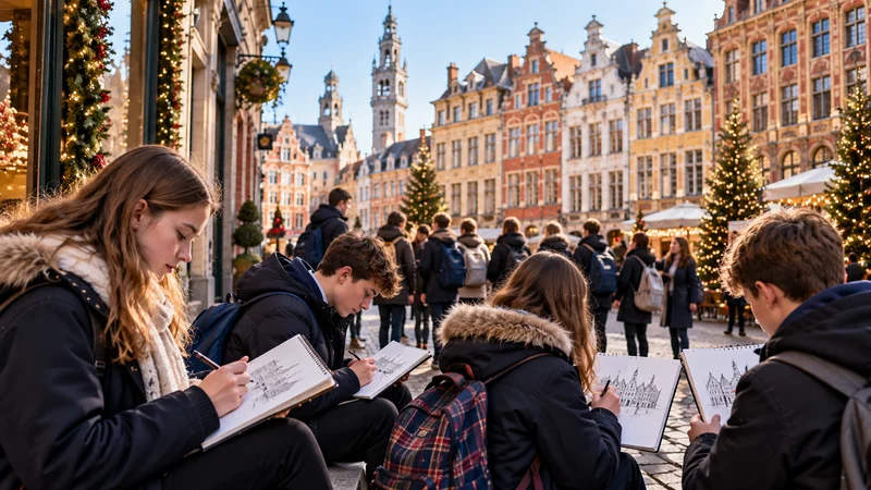 British school students sketching historic Flemish architecture during an educational Christmas trip to Lille, France.